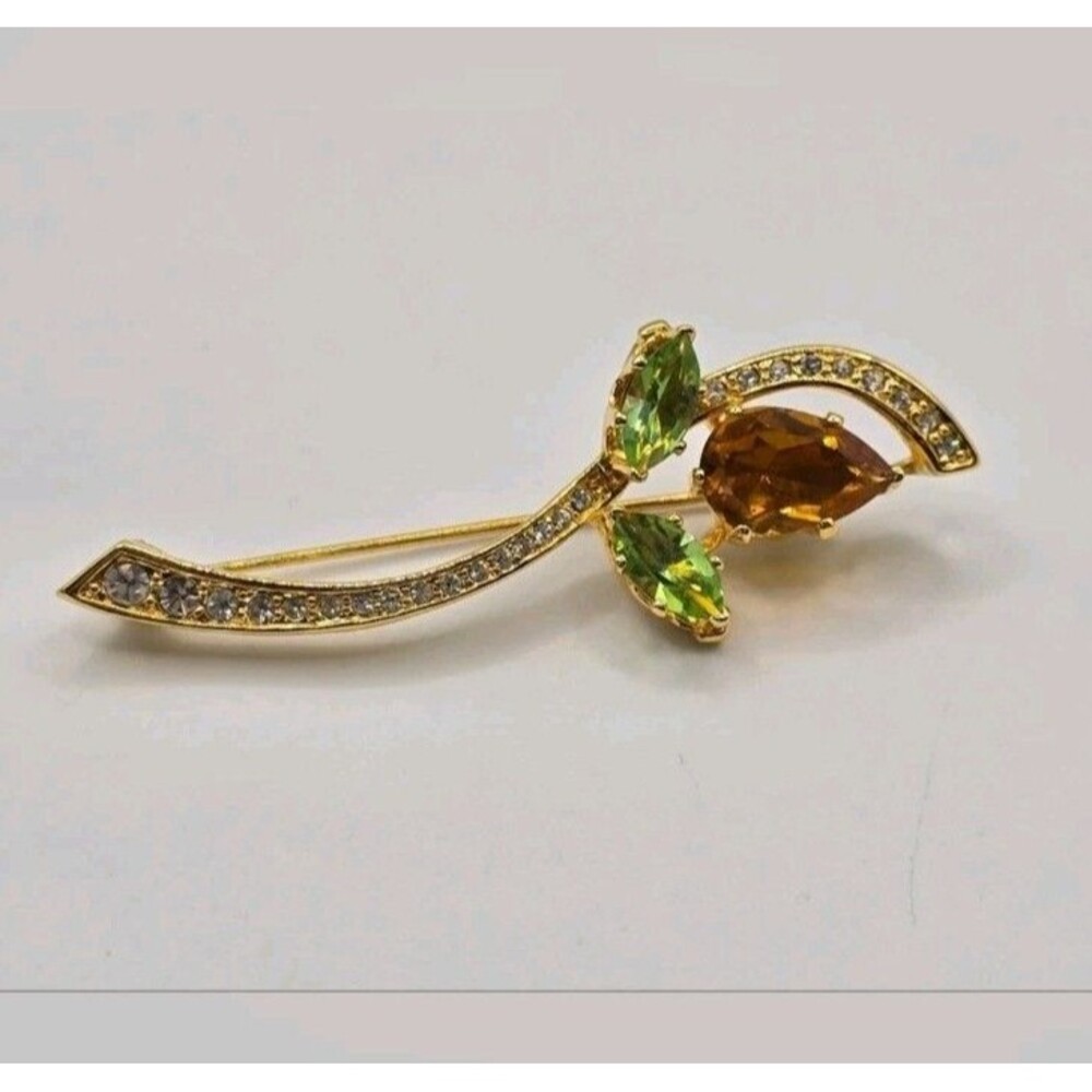 Vintage Nolan Miller Gold Tone Rhinestone Flower Bud Brooch